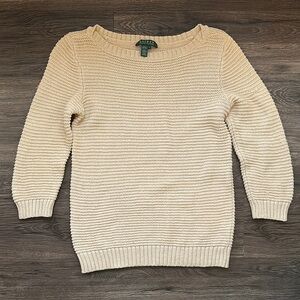 Lauren Ralph Lauren Cream Cable-Knit Sweater, 100% Cotton, 3/4 Length Sleeves